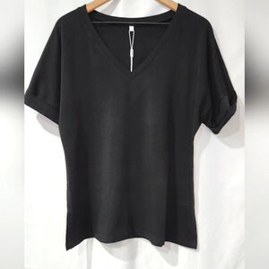 Sampeel NWT Womens V-Neck‎ T-Shirt Size L Black Cuffed Sleeve Classic Staple